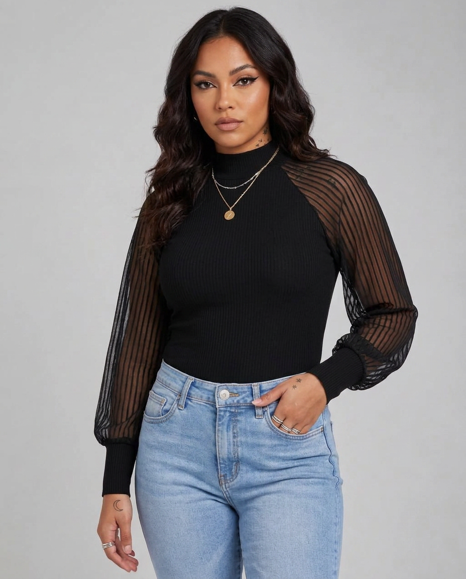SHEER STRIPE SLEEVE KNIT