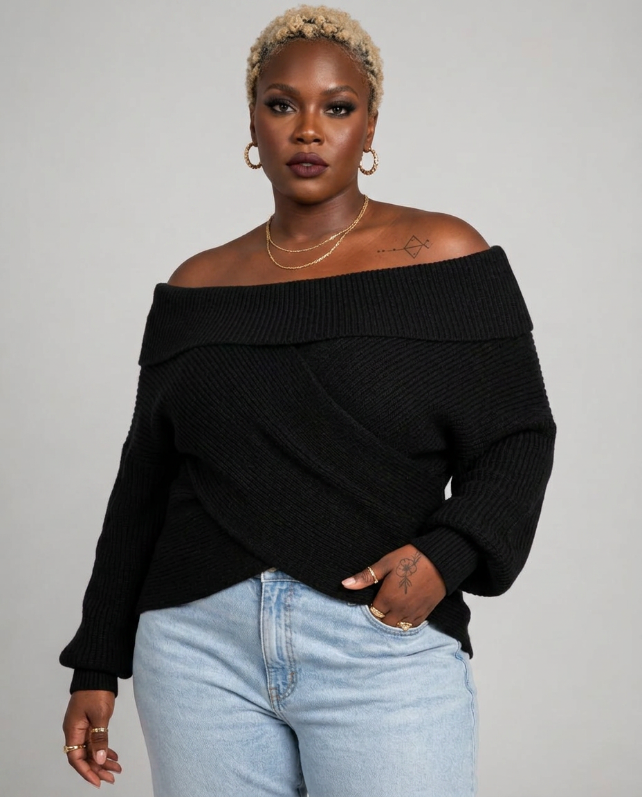 OFF-SHOULDER WRAP SWEATER